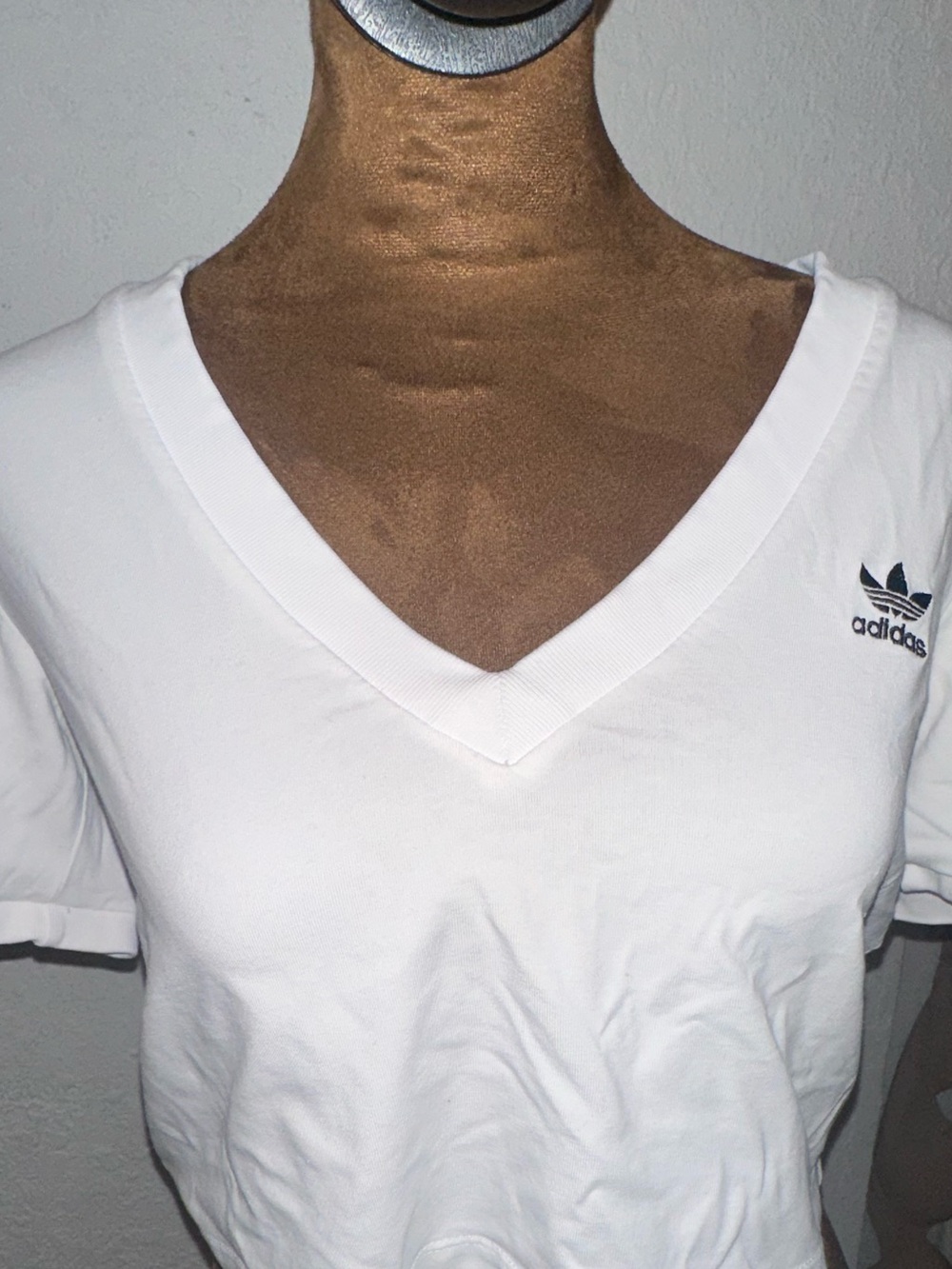 adidas White V-Neck Cropped Tee with Trefoil